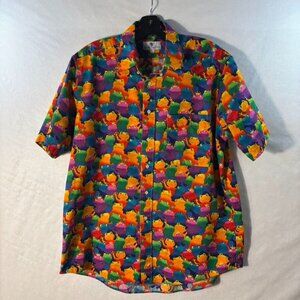Colorful Frog Print Short-Sleeve Button-Up By English Sports Shop L 100% Cotton